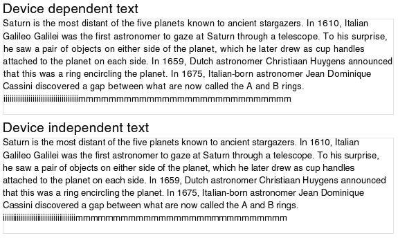 An example of device dependent (top) and device independent (bottom) text layout