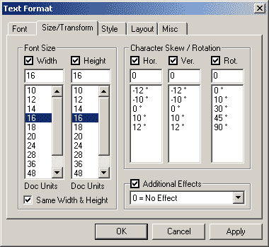 Text Format dialog box - select font size